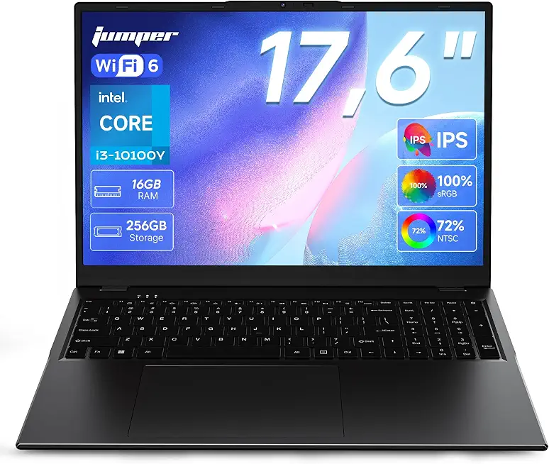jumper 17.6" Laptop, i3-10100Y CPU, 16GB RAM 256 SSD, 100% sRGB FHD Display - B0H6Q6H875