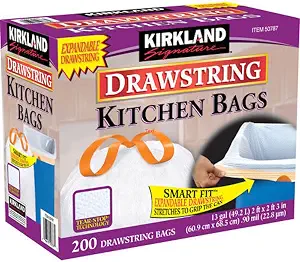 Kirkland Signature 13 Gallon 200 Ct Carton 100% recyclable Heavy Duty Drawstring Kitchen Trash Bags - B01LY71217