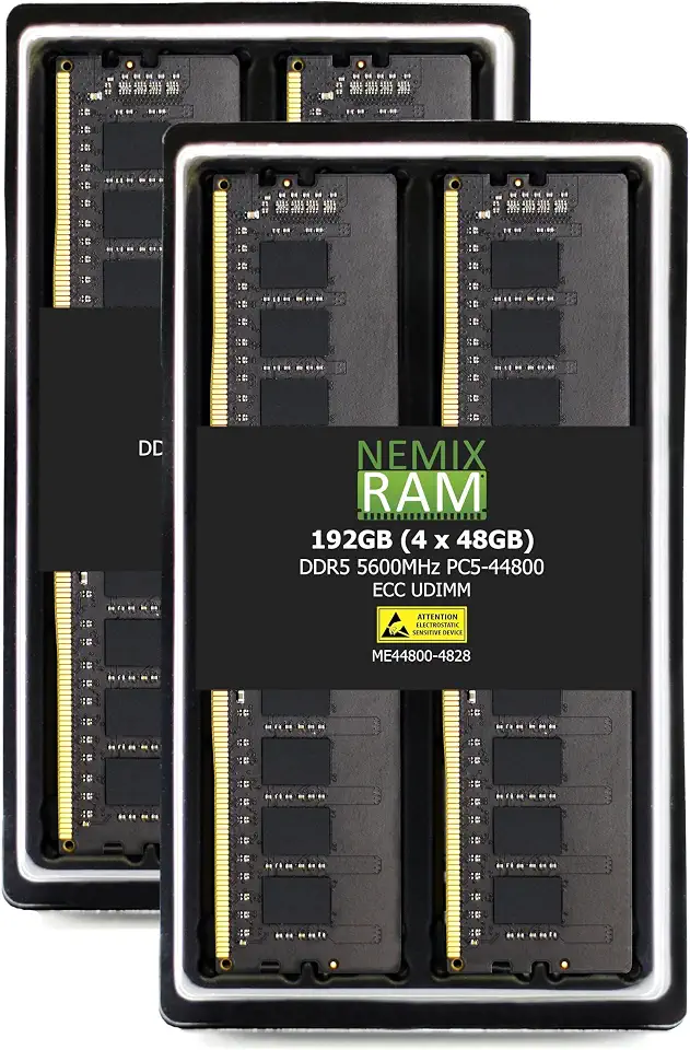 NEMIX RAM 192GB (4X48GB) DDR5 5600MHZ PC5-44800 2Rx8 1.1V CL46 288-PIN ECC Unbuffered UDIMM KIT - B0CYCR19D3