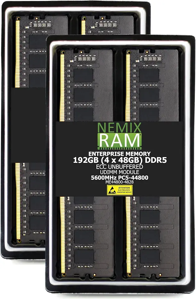 NEMIX RAM 192GB (4X48GB) DDR5 5600MHz PC5-44800 2Rx8 1.1V CL46 288-PIN ECC Unbuffered UDIMM KIT - B0DVH5HXLN