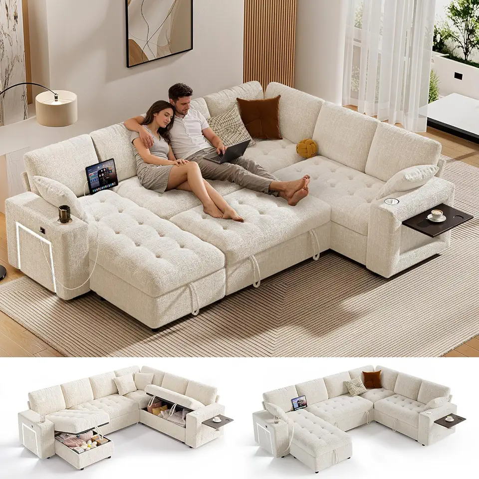 Vipbear 111" Modular Sectional Sleeper Sofa with Pull Out Bed, 7 Seat Chenille L Shaped - B0HLDPSQ8F